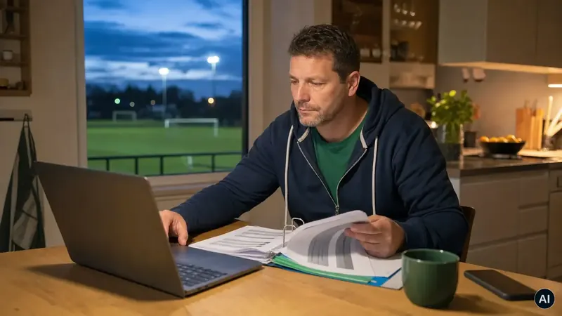 Vorstandsmitglied arbeitet abends mit Laptop und Unterlagen, draußen der beleuchtete Sportplatz