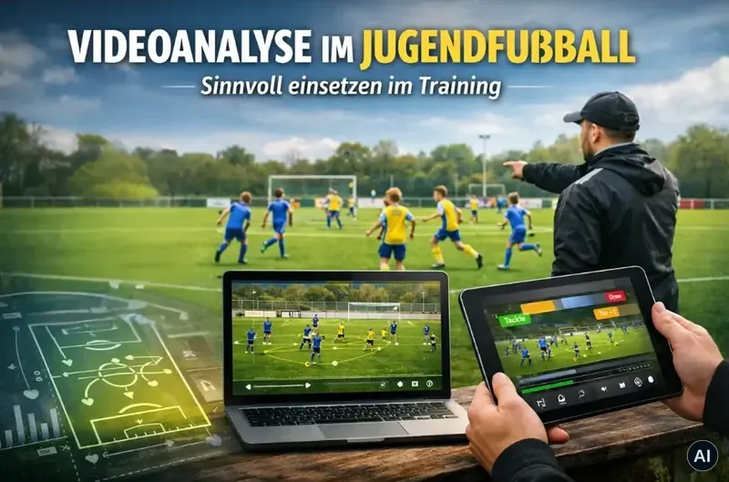 Grafik „Videoanalyse im Jugendfußball“, Trainer mit Laptop und Tablet beim Jugendtraining