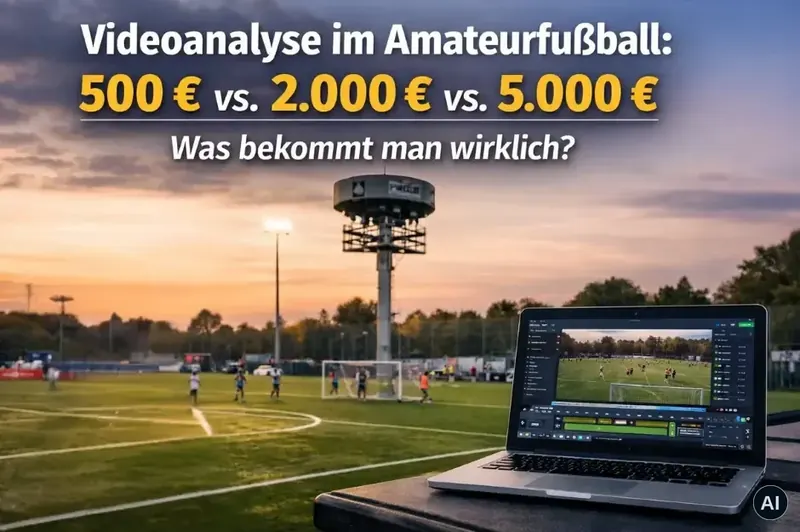 Grafik „Videoanalyse im Amateurfußball: 500 €, 2.000 € oder 5.000 €“ mit Kamera und Laptop am Spielfeld