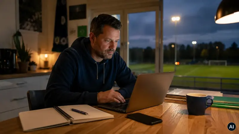 Ehrenamtlicher arbeitet abends am Laptop, durchs Fenster der beleuchtete Sportplatz