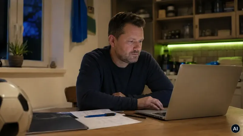Vorstandsmitglied am Laptop im Vereinsheim, daneben ein Fußball und Unterlagen