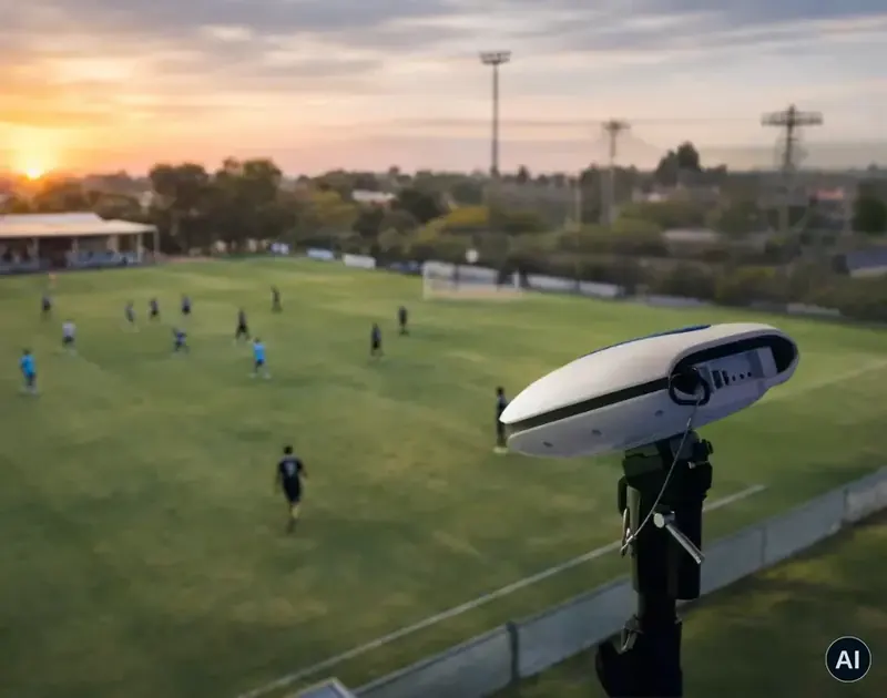 Automatische Kamera an einem Mast über einem Amateur-Fußballplatz im Abendlicht