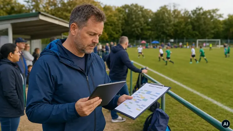 Organisator mit Tablet und ausgedrucktem Turnierplan am Rand eines Jugendturniers