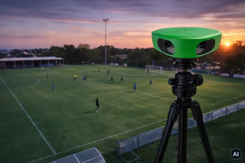 Automatische KI-Kamera für die Videoanalyse auf einem hohen Stativ am Fußballplatz