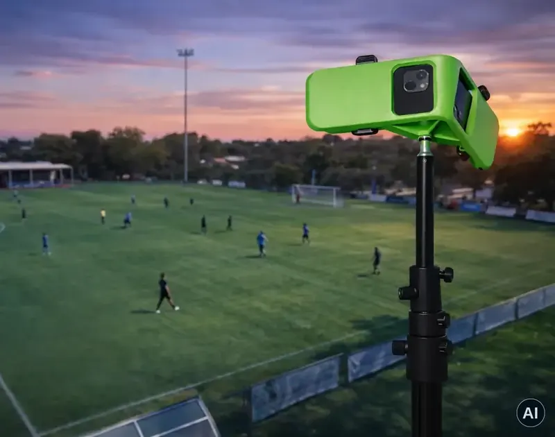 Halterung mit Smartphones auf einem hohen Mast über einem Fußballplatz bei Sonnenuntergang