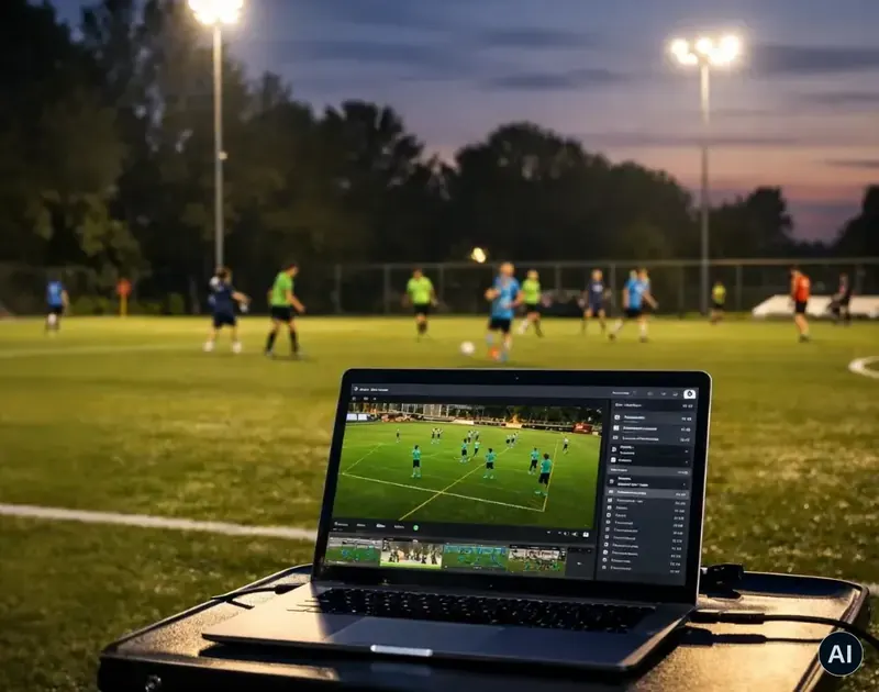 Laptop mit Videoanalyse-Software am Spielfeldrand beim Training unter Flutlicht