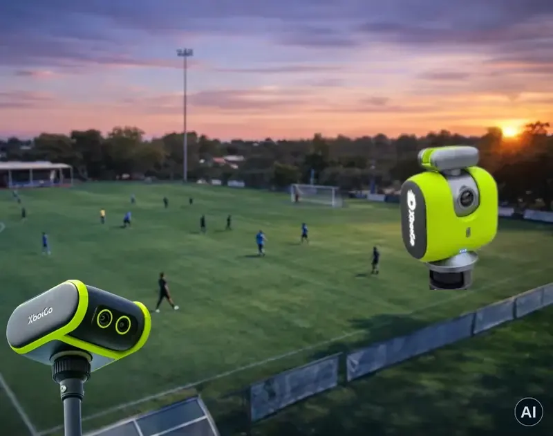 Zwei KI-Kameras für die Videoanalyse vor einem Fußballplatz im Abendlicht