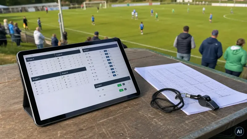Tablet mit digitalem Turnierplan auf einem Tisch am Spielfeldrand, daneben Pfeife und Spielplan auf Papier