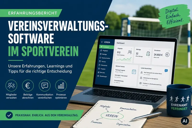 Grafik „Vereinsverwaltungssoftware im Sportverein“ mit Laptop und Mitgliederübersicht am Sportplatz