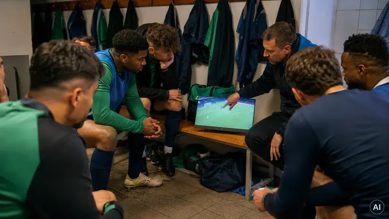 Mannschaft schaut sich in der Kabine Spielszenen auf einem portablen Monitor an