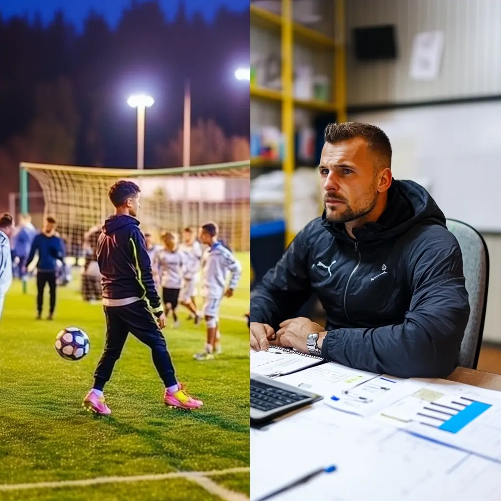 Fußballtraining und Büroarbeit kombiniert.